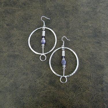 Hammered silver earrings, purple druzy agate hoop earrings, gypsy earrings, boho bohemian hippie statement unique southwest earrings 