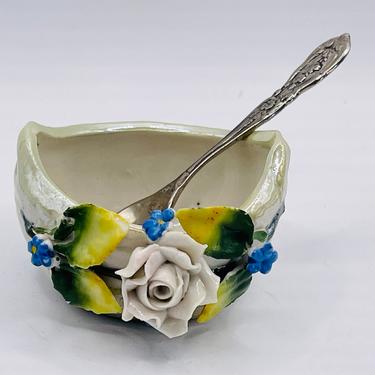 Antique Germany Porcelain salt Cellar dip dish with Applied Flower and Sterling Silver Spoon 