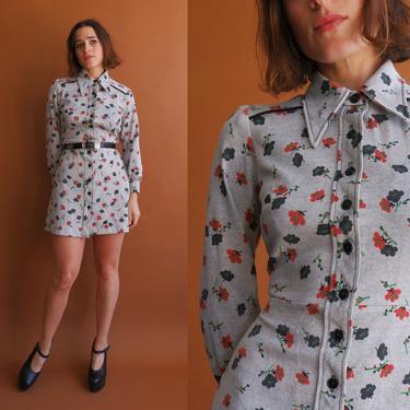 Vintage 70s Western Style Mini Dress/ 1970s Floral Long Sleeve Shirtdress/ Size Medium 