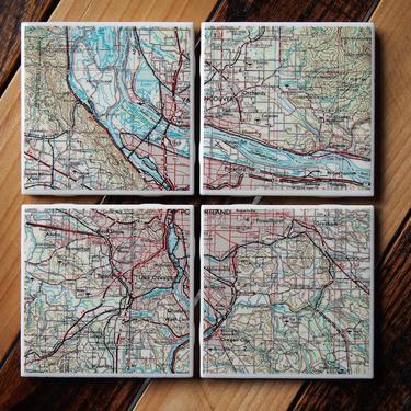 1974 Portland Oregon Vintage Map Coasters Set of 4 - Ceramic Tile - Repurposed 1970s USGS Map - Handmade - Vancouver Washington - Willamette 