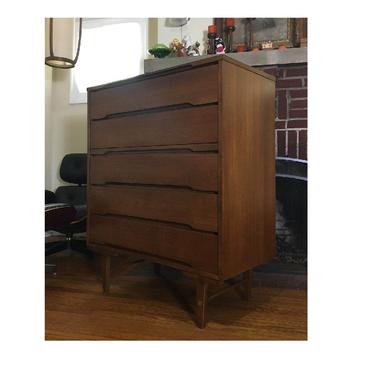 Mid Century Modern Stanley Sculpted Walnut 5 Drawer Tallboy Bureau Highboy Wooden Dresser (PureVintageNYC) 