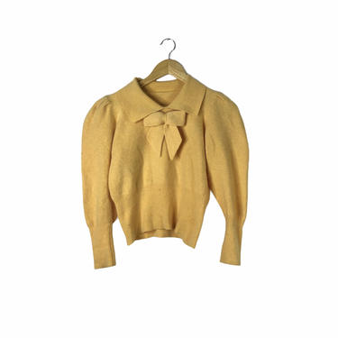 Vintage 60's Butterscotch Yellow Angora Wool Blend Pussy Bow Sweater, XS 