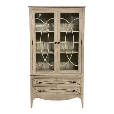 Transitional White Washed Gray Wood and Glass Display Cabinet
