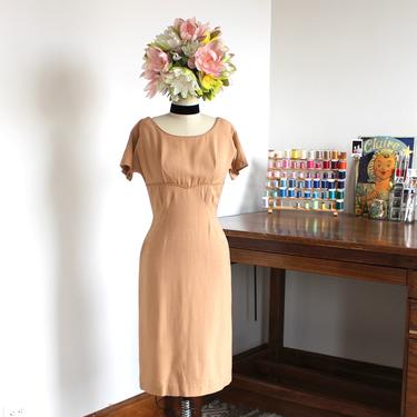 Vintage 60s Kerrybrooke Beige Wiggle Dress -  Short Sleeve Pin-Up Party Dress Sheath - S 