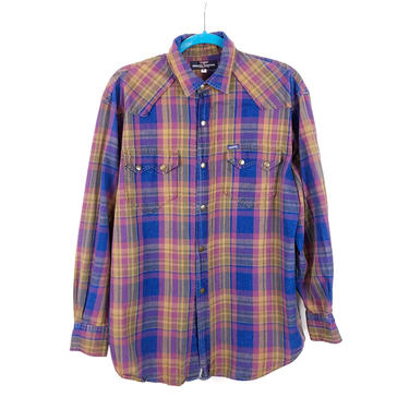 90s Vintage Guess Plaid Pearl Snap Button Down Shirt w/ Sawtooth Pockets - Mens Medium Blue and Yellow Plaid Western Grunge 