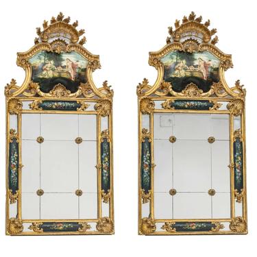 Mirrors, Venetian Painted Carved Wood, Pair, Giltwood Frames, H 35", Vintage!!
