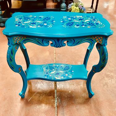 Peacock blue ornate carved wood accent table by JoyfulHeartReclaimed