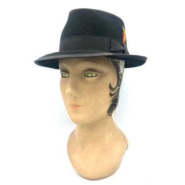 Vintage 1960s Trilby Hat, Black Wool Felt Stingy Brim Fedora, Dorfman Pacific, Mad Men Mid-Century Hat, US Size 7 1/4 