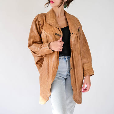 Vintage 80s VERA PELLE Tan Cape Drop Shoulder Leather Jacket w/ Dolman Sleeves | Made in Italy | 1980s Designer Italian Leather Swing Jacket 