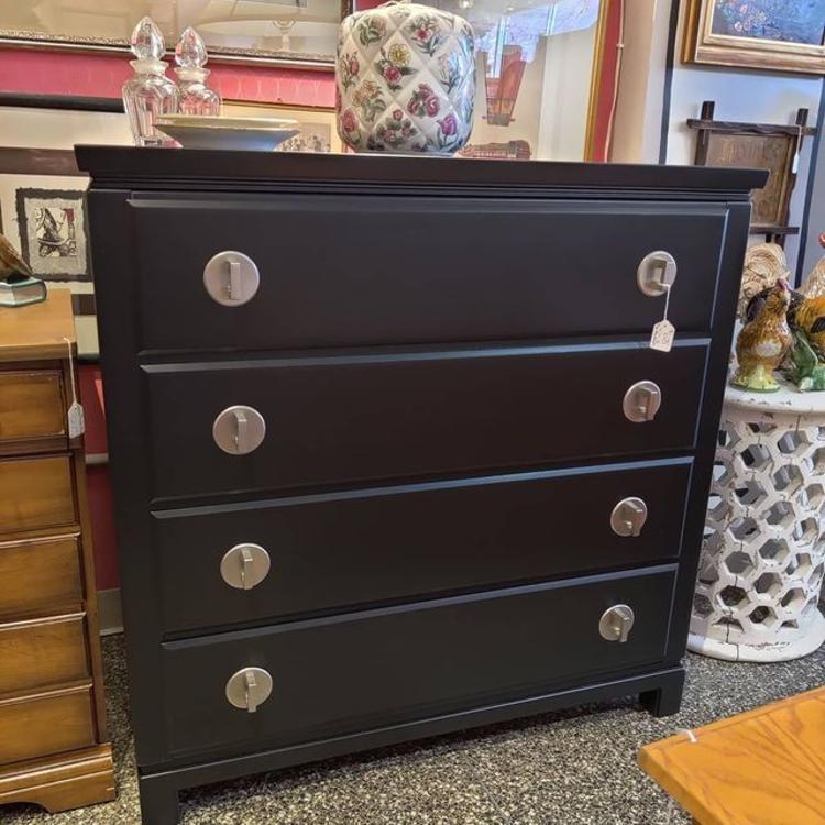 Black painted mid century chest of drawers, with super cool pulls. 40" x 20" x 40". 