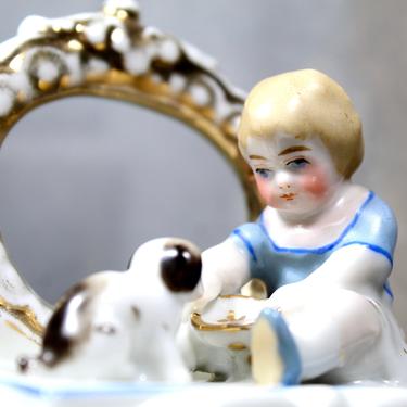 Vintage Ceramic Jewelry Box with Child and Dog Sitting on Top of a Bureau - Circa 1950s Vintage Ceramic Vanity Dish | FREE SHIPPING 