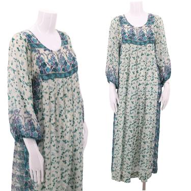 70s RAKSHA Hindimp London silk India print peasant dress S / vintage 1970s blue green hippy festival caftan adini phool 