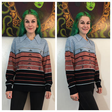 Vintage 1970’s Blue Striped Pullover Sweater with Collar 