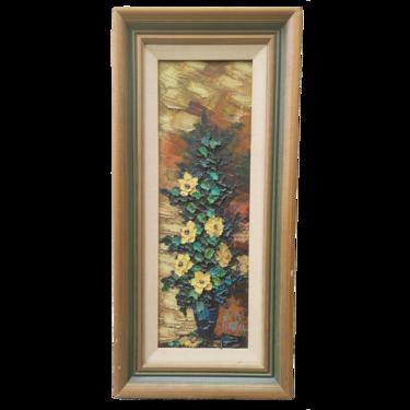Vintage Mid-Century Modern Textured Blue and Green Floral Bouquet in Oil on Canvas