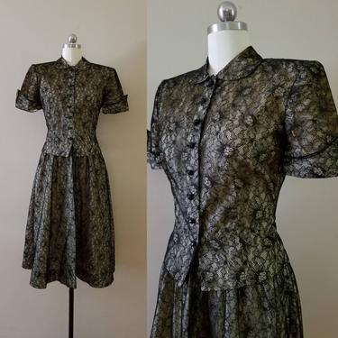 1940's Two Piece Dress Set with Skirt and Top in Taffeta with Black Lace Overlay 40's Dress Set 40s Women's Vintage Size Small 