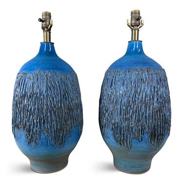 1960s Cerulean Blue Ceramic Table Lamps a Pair by Lee Rosen for Design Technics