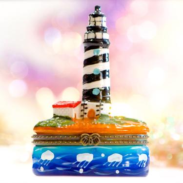 VINTAGE: Porcelain Trinket Box Lighthouse - Small Jewelry Box - Nautical, Ocean, Sea - SKU 23-D-00033731 