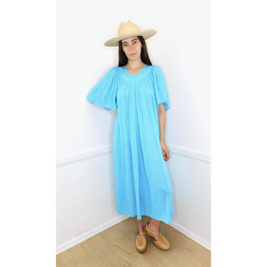 Gauze Dress // vintage 70s 80s boho gauze dress hippie hippy 1970s blue maxi embroidered turquoise Mexican // O/S 