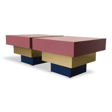 Formica Dusty Rose and Brass Stepped Side Tables Midcentury a La Karl Springer