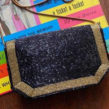 Vintage Black and Gold Beaded Evening Bag Clutch Purse 