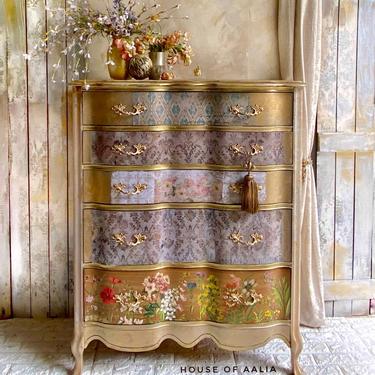 Cream and Gold French Country Dresser | Boho French Provincial Dresser | English Roses | Eclectic Living Room. 