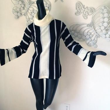 MOD Vintage 70s Cowl Neck Hippie Sweater 1970s Bell Sleeve Striped Tunic Top Groovy Almost Famous Style Black Winter White Huge Turtleneck S 