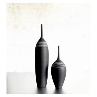 SHIPS NOW- set of 2 Ceramic Stoneware Bottle Vases, Raw Unglazed Black Clay with Inlaid White Porcelain Stripes by Sara Paloma Pottery 