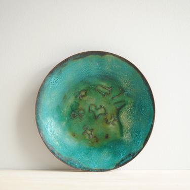 Vintage Enameled Copper Dish, Turquoise Small Mid Century Modern Copper Bowl, Change Dish 