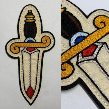Custom listing for Mike - Handmade / hand embroidered black &amp; off white felt patch - long dagger w/ gold hilt handle 