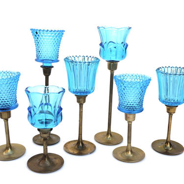 Set of 12 Vintage Turquoise Art Glass Votive Candle Adapters| 3 Patterns Tea Light Holder|Candelabra Hurricane Glass Shades|Tablescape Decor 