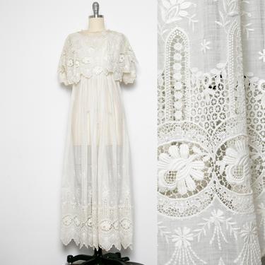 Victorian Dress Antique Sheer White Lace Cotton 1900s XS 