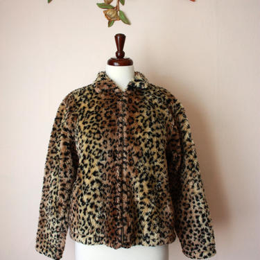 90s Fleece Cheetah Print Jacket Coat Animal Print Leopard Faux Fur Size M / L 