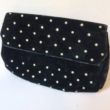 Black velvet purse vintage with glass prong rhinestone deco by Lou Ash, 1950's 