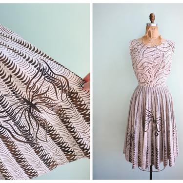 Vintage 1950's Brown and White Butterfly Print Dress | Size Medium 