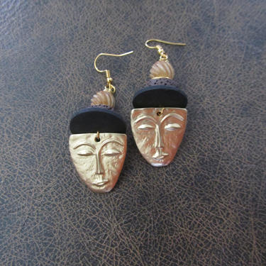 Ethnic mask earrings, tribal dangle earrings, brass earrings, Afrocentric earrings, African earrings, unique primitive earring, tiki, brown2 