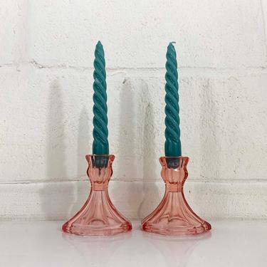 Vintage Glass Pink Candle Holders Pair Candlesticks Mid-Century Candleholder Wedding Candlestick Boho Pastel Powder Faceted 1970s 70s 