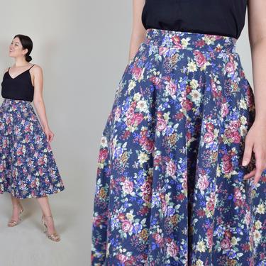 Vintage Dark Floral Print Skirt | Floral Print Circle Skirt 