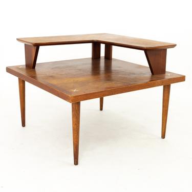 Merton Gershun for American of Martinsville Mid Century Walnut Two Tier Corner Side End Table with X Inlay 