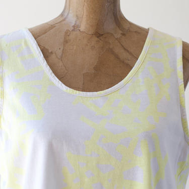 80s Vintage Florescent Yellow GRAPHIC Tank Top by Flip, Cotton White Long Sleeveless Tee Shirt Neon Muscle Shirt Unisex Beach Wear Tie Dye 