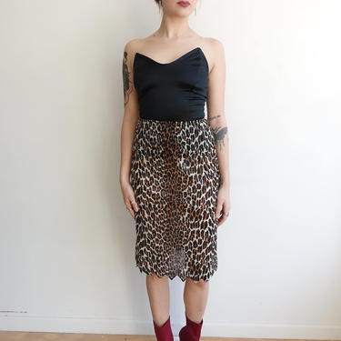 Vintage 60s Zig Zag Hem Leopard Print Slip Skirt/ 1960s Vanity Fair Betty Page Pinup /Animal Print Lingerie/ Small 