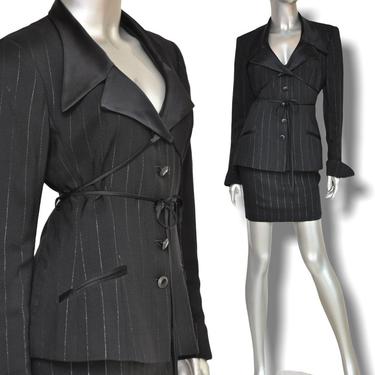 90’s Black Pinstriped Tuxedo Skirt Suit by Cache Women’s Size 8 Satin Collar Two Piece Tux 