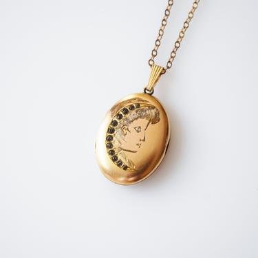 Antique Lady in the Moon Locket | c. 1900 Victorian Gold Fill Round Locket with Crescent Moon, Star, Art Nouveau Etched Woman in Profile 