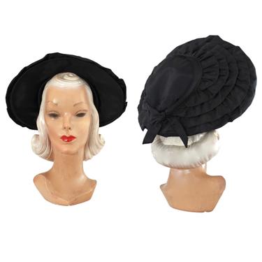 1950s Black Platter Hat - 1950s Black Cartwheel Hat - 1950s Taffeta Platter Hat - 50s Sun Hat - Vintage Platter Hat - Vintage Cartwheel Hat 