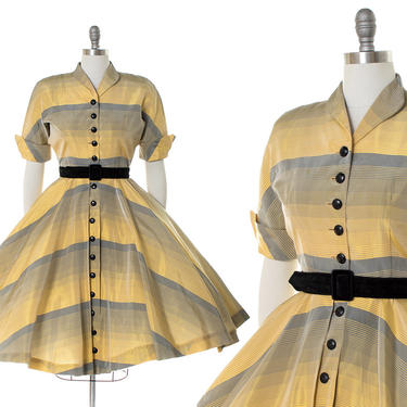 Vintage 1950s Dress | 50s Ombré Striped Taffeta Shirtwaist Yellow Gray Circle Skirt Party Dress (small) 