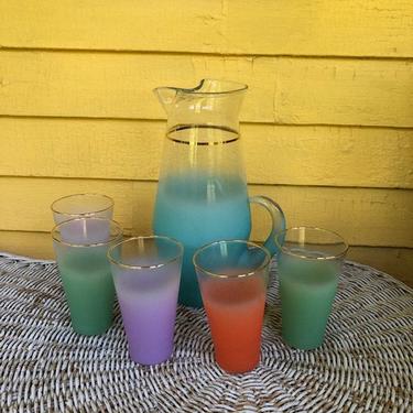Mid Century Blendo Set Frosted Glass Pitcher with 5 multicolored Glasses 