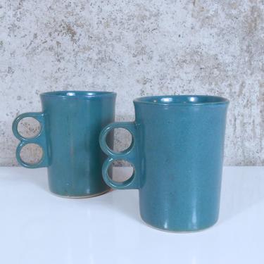 Pair of Teal-Blue Bennington Potters Trigger Mugs Designed by David Gil - Bennington Vermont 
