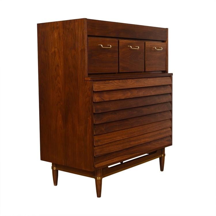 Compact Walnut Mid Century Slatted Front Tall Chest of Drawers / Dresser