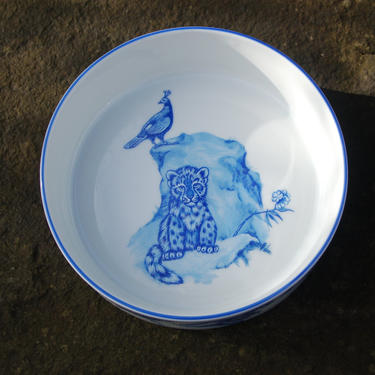 Lynn Chase Shangri-La Child's Bowl ~ Hand Signed & Dated (1993) in Golden Ink ~ Peacocks, Tigers, Rabbits and Deer ~  Excellent Condition 
