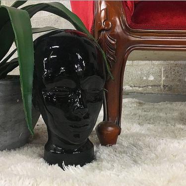 Vintage Glass Head Retro 1970s Black Onyx Glass Mannequin Head + Cast Glass + High Gloss + Bust Figure + Face Details + Art + Home Decor 
