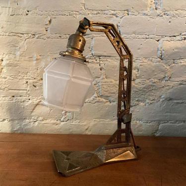 Arts &amp; Crafts Cast Iron Table Lamp with Frosted Glass Shade